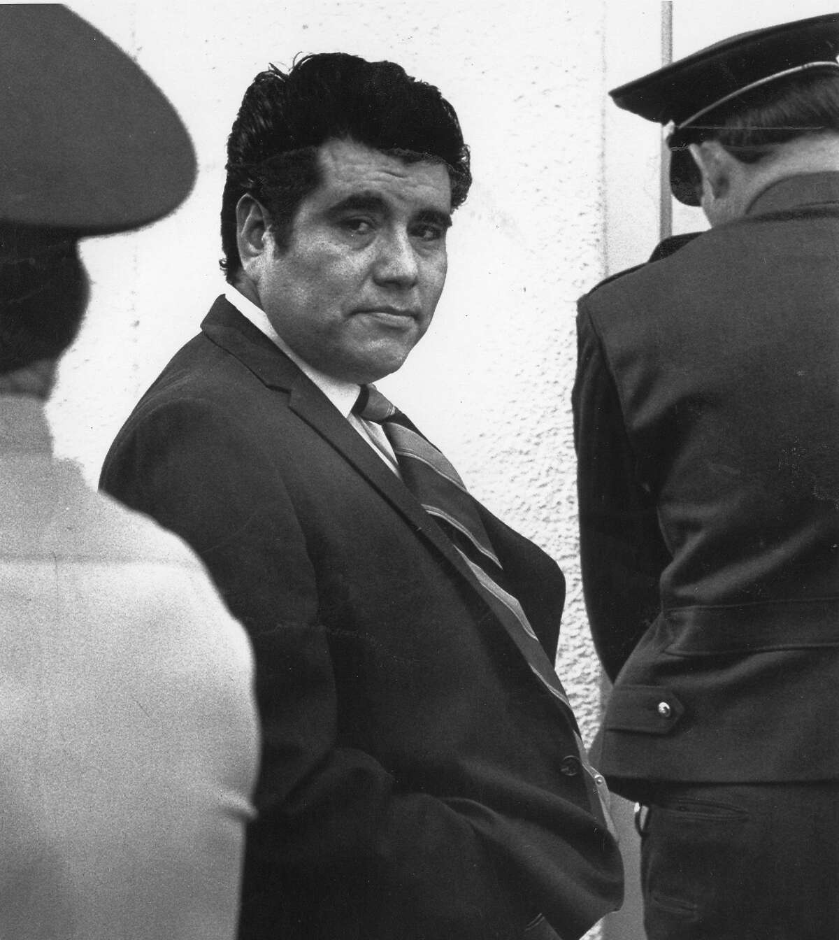 accused mass murderer Juan Corona arrives at Solano County Hall of Justice, October 2, 1972 United Press International photo