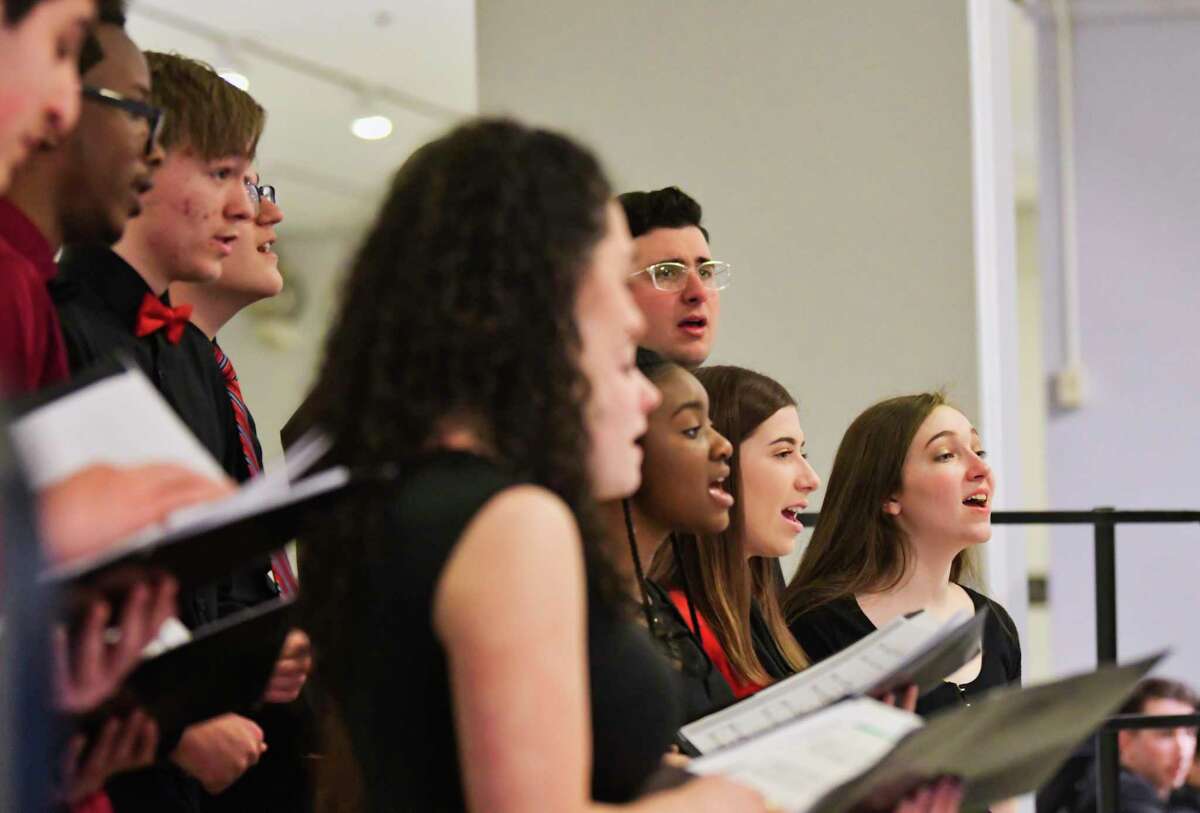 Members of the New York State School Music Association All-State Vocal Jazz Ensemble perform on the concourse level of the Empire State Plaza on Monday, March 4, 2019, in Albany, N.Y., as part of the NYSSMAs 46th annual Joseph R. Sugar NYSSMA Day in Albany. (Paul Buckowski/Times Union)