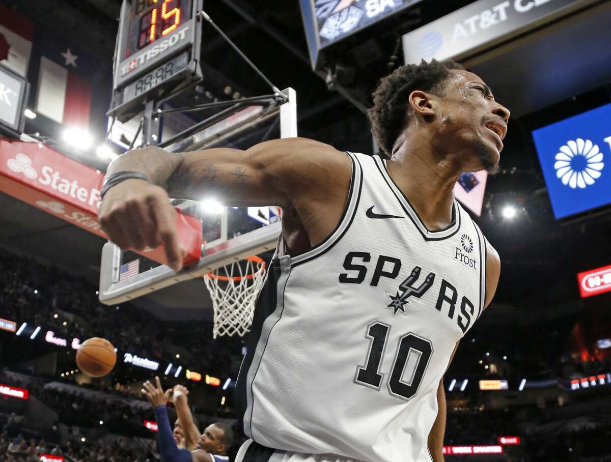 DeMar DeRozan #10 of the San Antonio Spurs reacts after not getting a foul called and received a technical for the reaction. Denver Nuggets v San Antonio Spurs at the AT&T Center on Monday, March 4, 2019.
