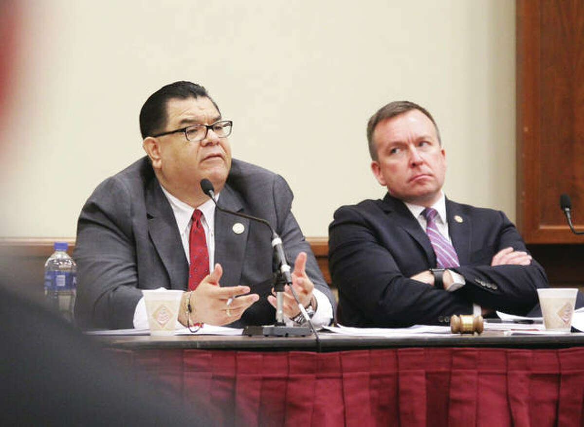 State Sen. Martin A. Sandoval, D-Chicago, left, chair of the Transportation Committee, asks a questions while Sen. Andy Manar, D-Bunker Hill, chair of the Appropriations II Committee, watches during a joint public hearing of both committees on a possible capital improvement bill held Monday at SIUE. The hearing was the second of six statewide hearings set on the proposal. State Sen. Martin A. Sandoval, D-Chicago, left, chair of the Transportation Committee, asks a questions while Sen. Andy Manar, D-Bunker Hill, chair of the Appropriations II Committee, watches during a joint public hearing of both committees on a possible capital improvement bill held Monday at SIUE. The hearing was the second of six statewide hearings set on the proposal.