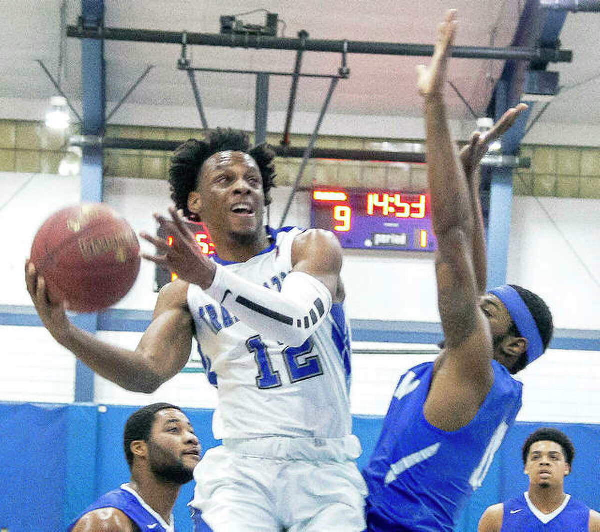Jalen Morgan of LCCC (12) led the Trailblazers with 24 points and teammates Delaney Ortiz added 22 points, but LCCC lost a 96-83 decision to Shawnee College Monday night in a District 16 play-in game in Ullin.
