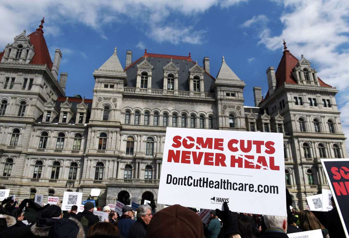 Demonstrators participate in a healthcare advocacy day rally outside the Capitol on Tuesday, March 5, 2019, in Albany, N.Y. Contingents from hospitals and healthcare facilities gathered in Albany to urge lawmakers to restore $550 million in funds that were slashed from the governor's original budget proposal to help plug a larger-than-expected revenue shortfall. (Will Waldron/Times Union)