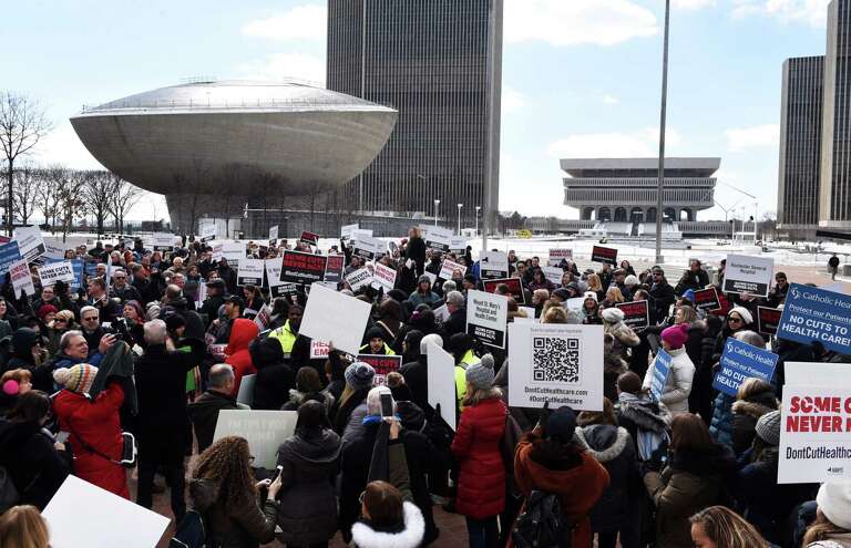 Demonstrators participate in a healthcare advocacy day rally outside the Capitol on Tuesday, March 5, 2019, in Albany, N.Y. Contingents from hospitals and healthcare facilities gathered in Albany to urge