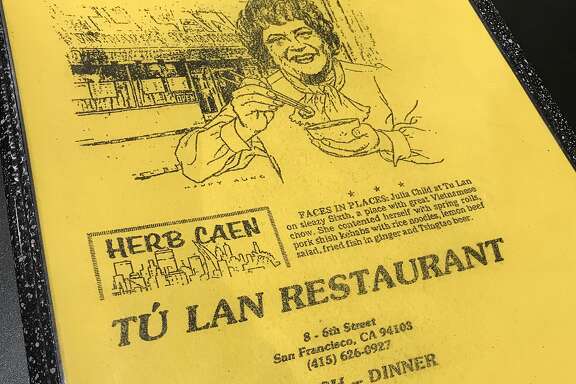 The menu of Vietnamese restaurant Tu Lan, with an undated Herb Caen item about Julia Child's visit to the establishment on Sixth Street in San Francisco.
