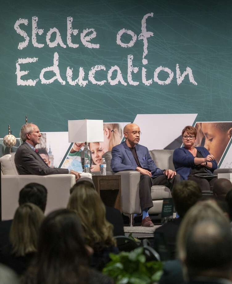 Steve Thomas, president of Midland College, Gregory Williams, president of Odessa College and Sandra Woodley, president of University of Texas of the Permian Basin, speak about the state of higher education 03/06/2019 at the annual Midland Chamber of Commerce State of Education luncheon. Tim Fischer/Reporter-Telegram Photo: Tim Fischer