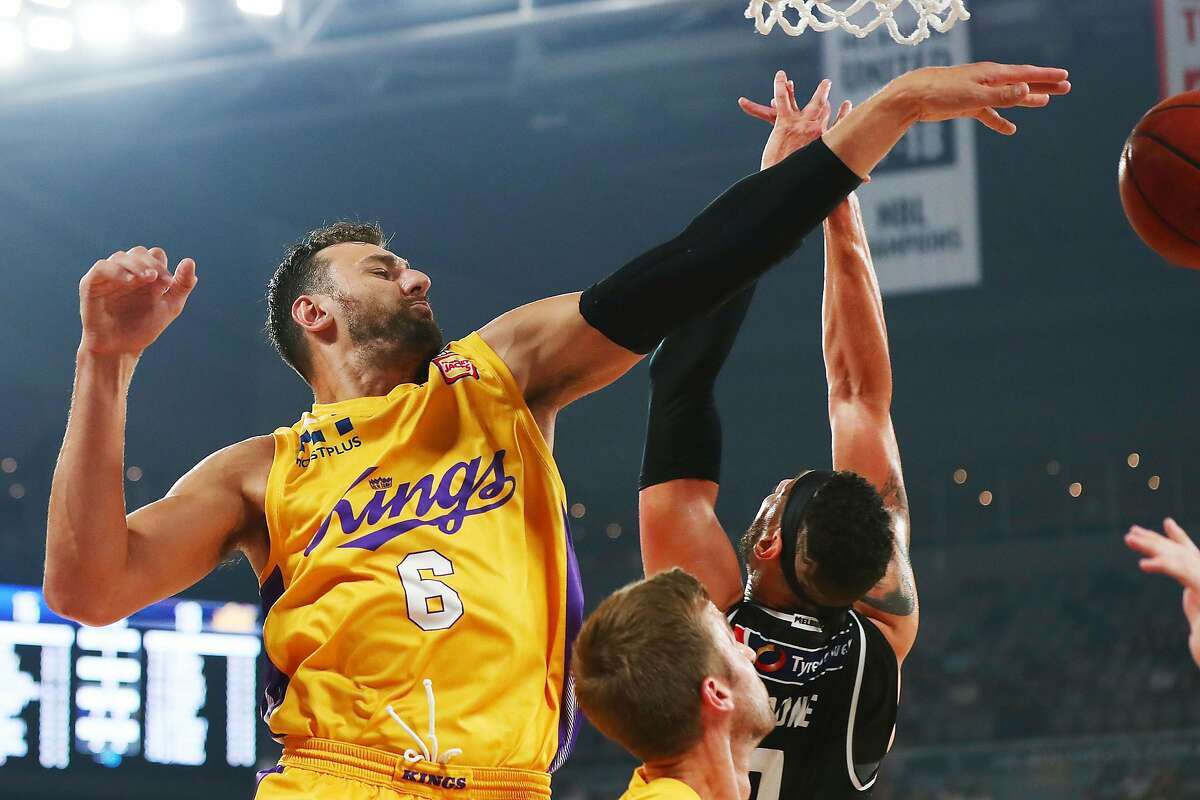 MELBOURNE, AUSTRALIA - FEBRUARY 28: Andrew Bogut of the Kings blocks the ball during game one of the NBL Semi Final series between Melbourne United and the Sydney Kings at Melbourne Arena on February 28, 2019 in Melbourne, Australia. ~~