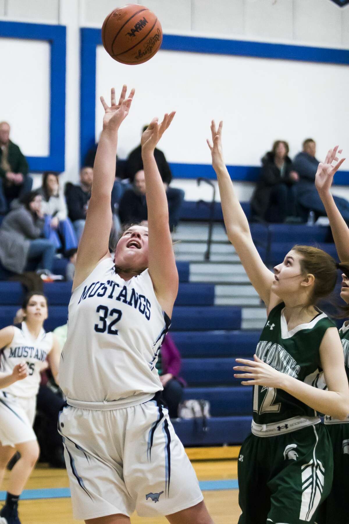 Meridian's Audrey Kielpinski takes a shot during the Mustangs' Division 3 district semifinal against Pinconning on Wednesday, March 6, 2019 at Meridian Early College High School. (Katy Kildee/kkildee@mdn.net)