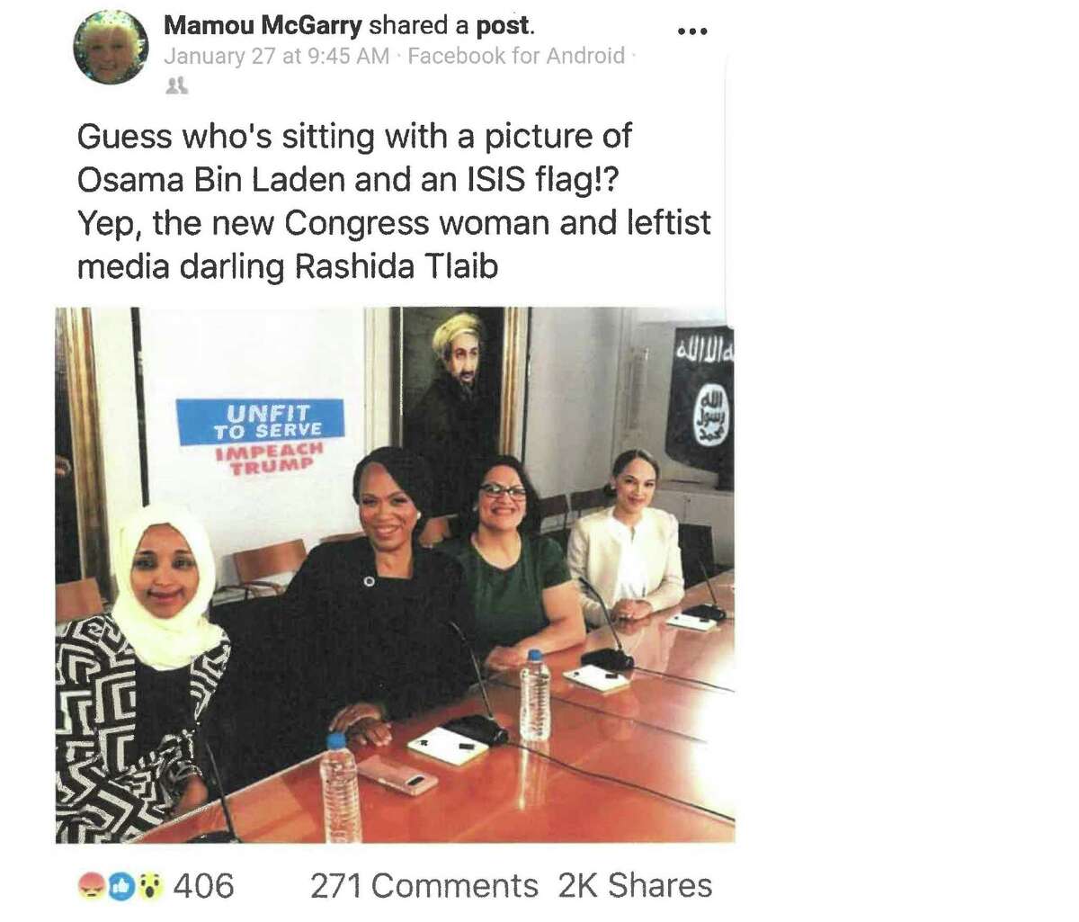 A Facebook post from the account of Marion McGarry, a Democrat on the Stamford Board of Representatives.