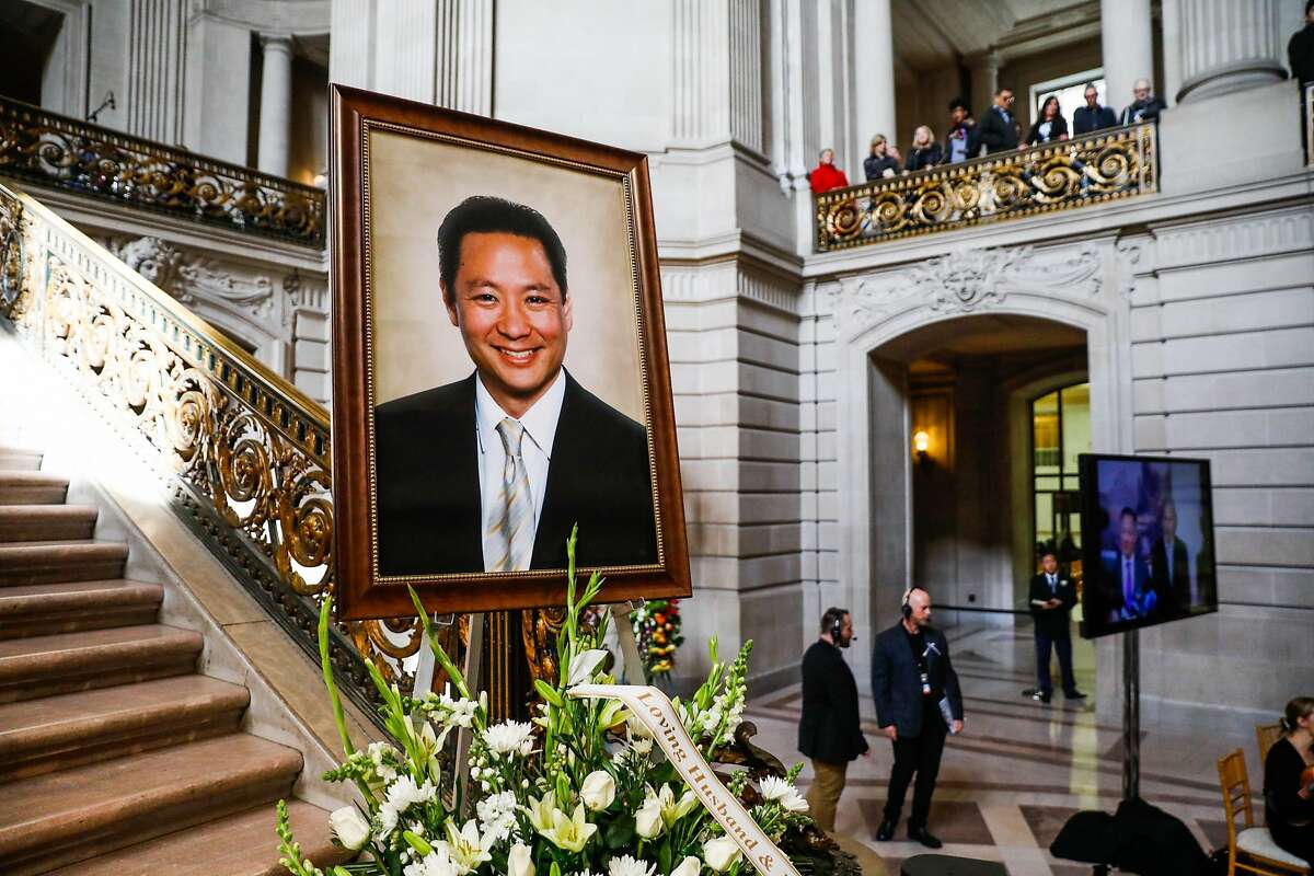 A photo of Public Defender Jeff Adachi is on display ahead of his memorial service at City Hall in San Francisco, California, on Monday, March 4, 2019.