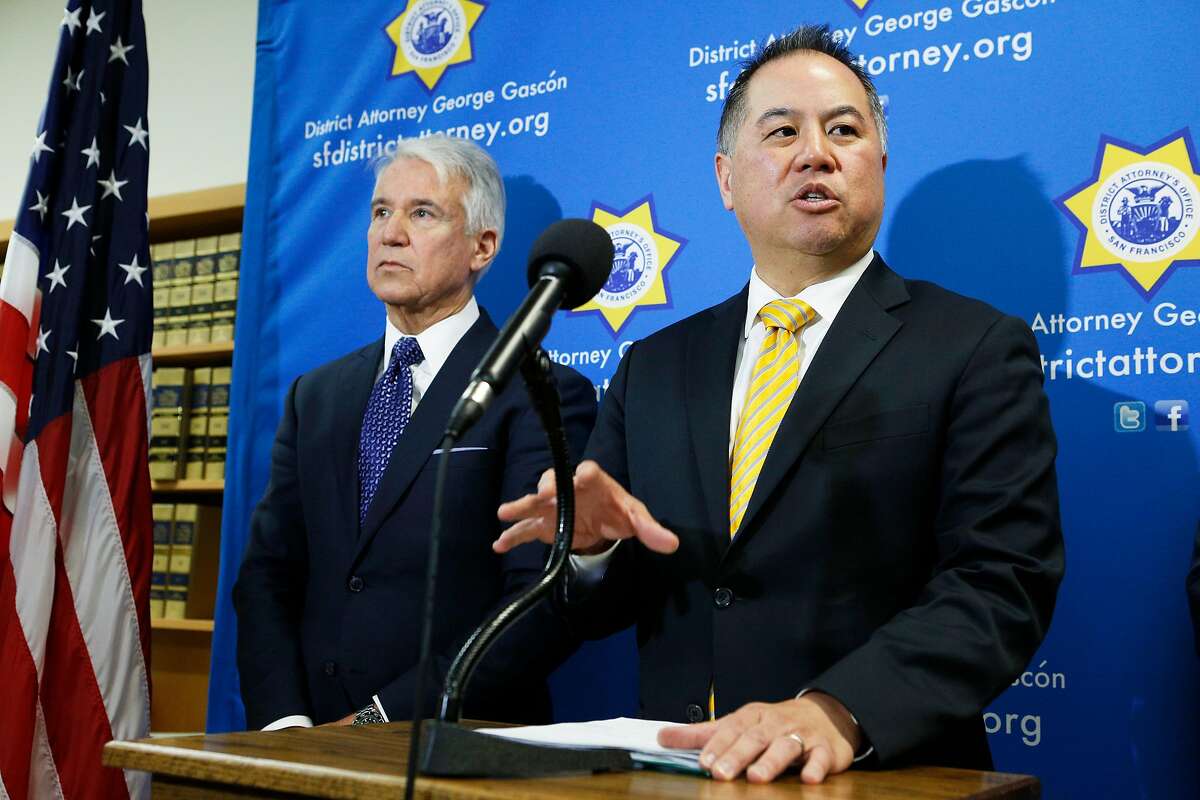 From left: District Attorney George Gasc—n and state Assemblymember Phil Ting during a news conference at the Hall of Justice on Thursday, March 7, 2019, in San Francisco, Calif. They introduced AB 1076, a new proposed legislation that would automatically clear eligible criminal and arrest records in California.