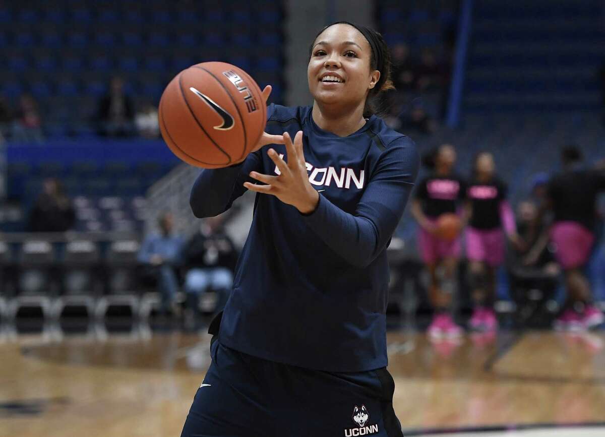 UConn’s Napheesa Collier warms up before a game on Feb. 20 in Hartford.