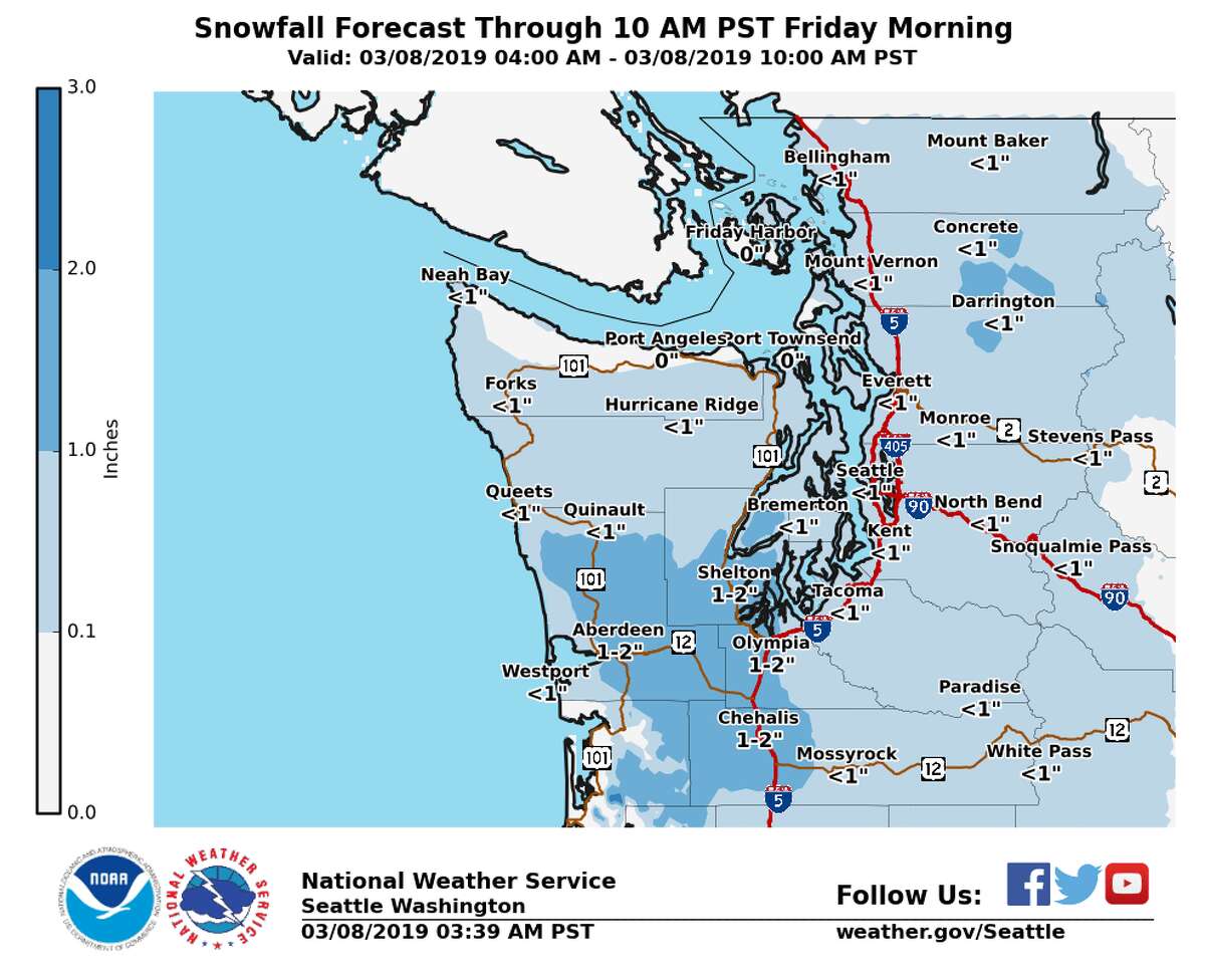 A morning update shows a possible 1-2 inches of snow through the Hood Canal and central coasts, March 8, 2019.