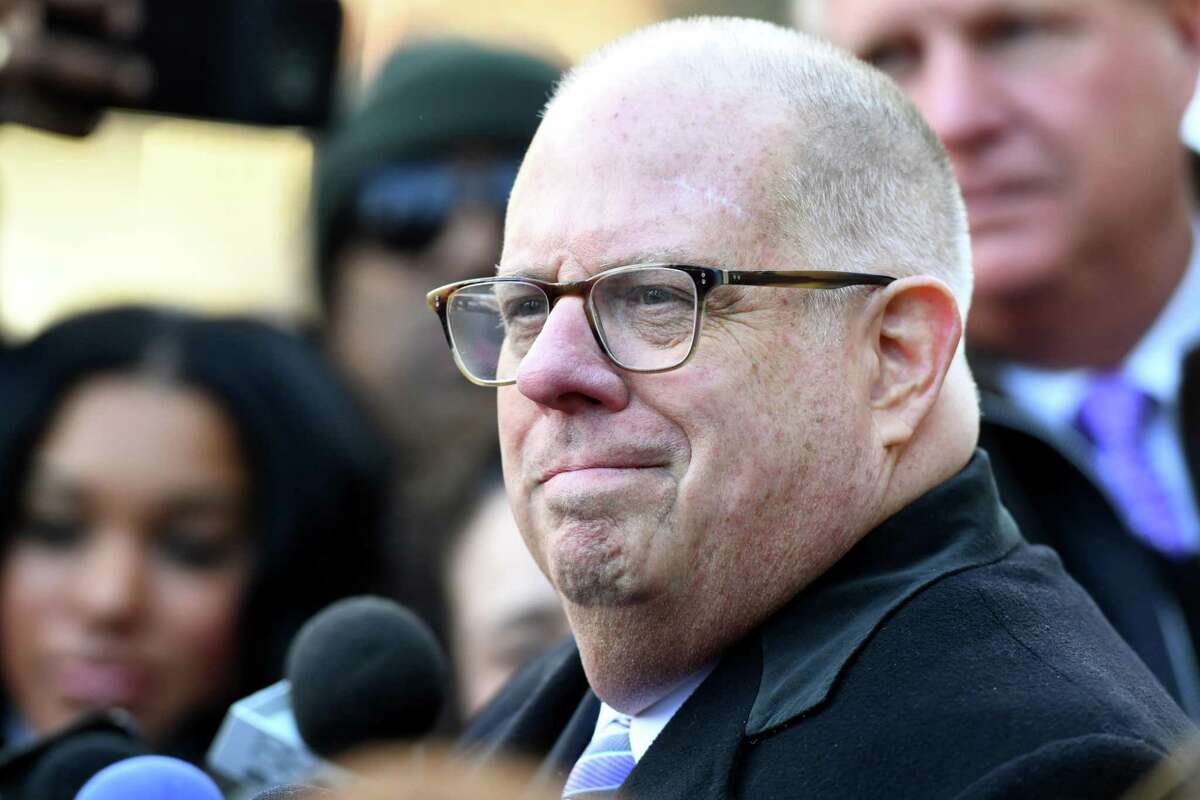 Maryland Gov. Larry Hogan, a Republican, addresses the media before his inauguration ceremony on Wednesday, Jan. 16, 2019, in Annapolis.