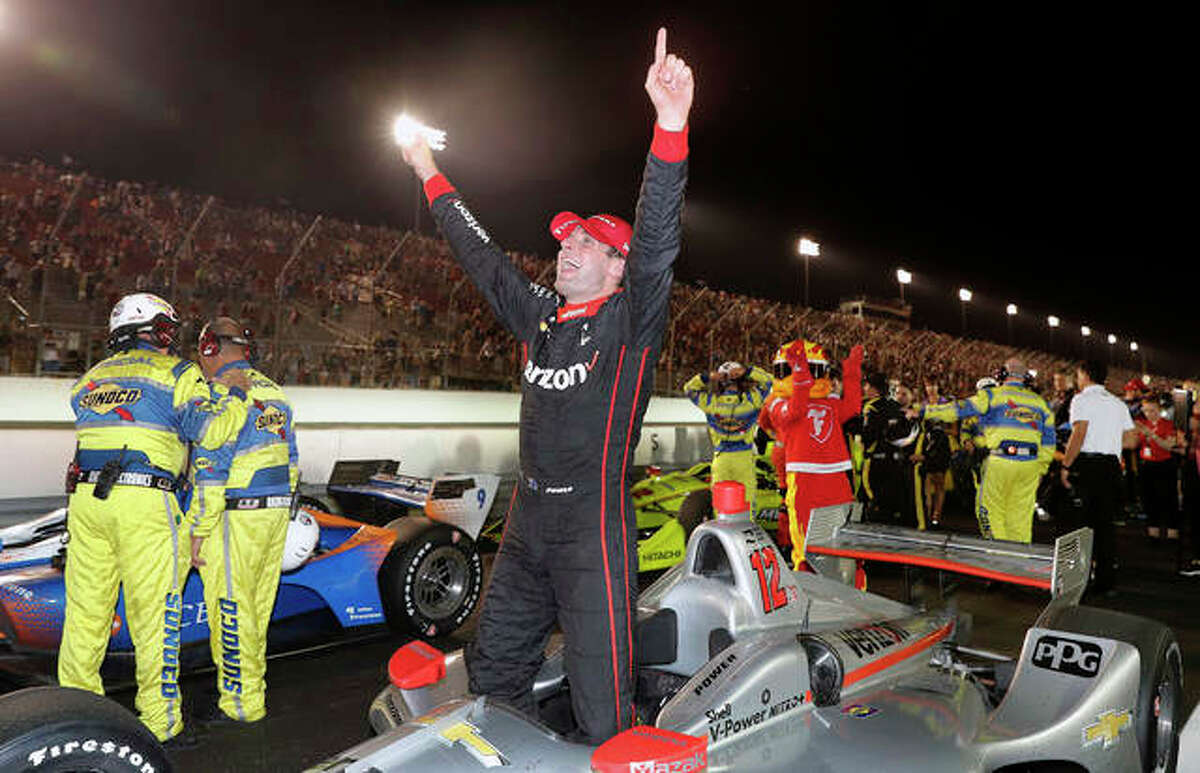Will Power, of Australia, celebrates after winning the IndyCar auto race at Gateway Motorsports Park last August in Madison.