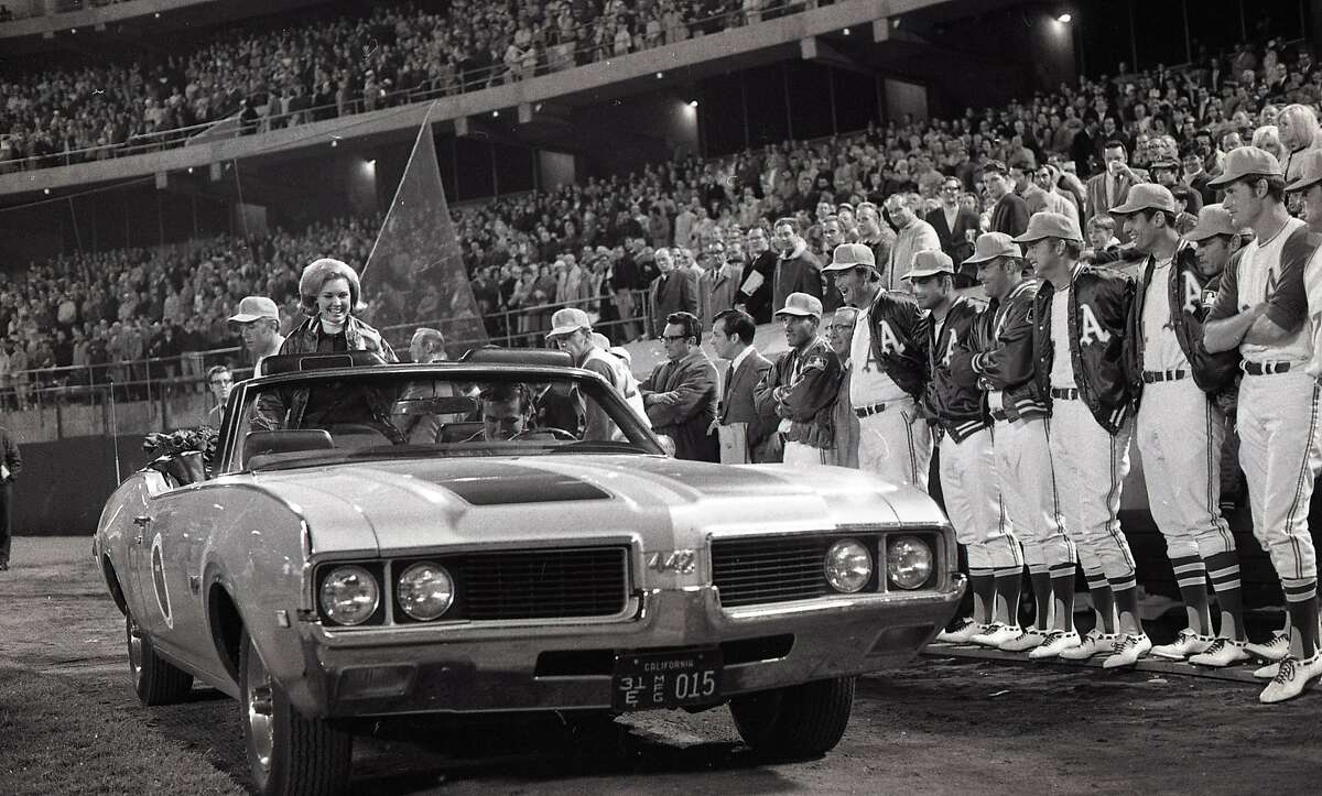 The 1969 Oakland A's home opener included pre-game festivities with Miss California April 8, 1969