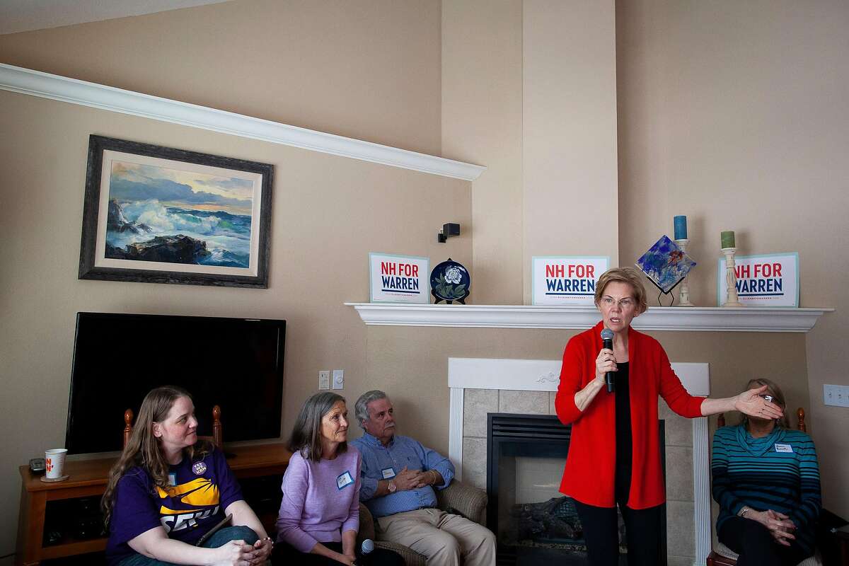 FILE - Sen. Elizabeth Warren (D-Mass.), a Democratic presidential hopeful, speaks during an event at a home in Laconia, N.H., Feb. 23, 2019. Warren is set to announce a regulatory plan aimed at breaking up some of America’s largest tech companies, including Amazon, Google, and Facebook. (Elizabeth Frantz/The New York Times)