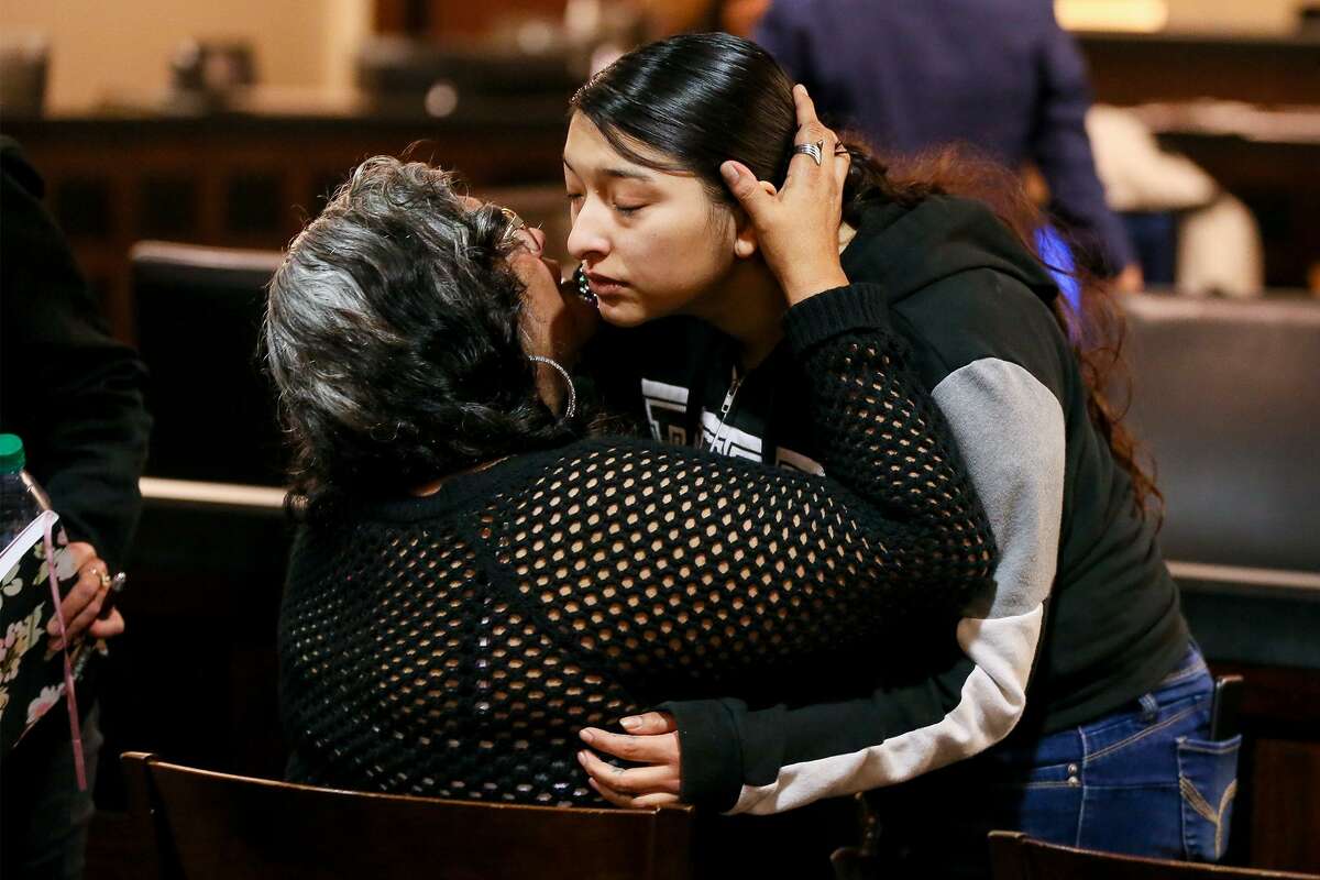 Baby Vasquez, right, is comforted by her mother, Ofelia Martinez as she leaves the courtroom following closing arguments Friday in the murder trial of Jesse Ray Castilla. Castilla is accused of killing Vasquez's boyfriend, Joseph Camarena, on Nov. 17, 2017, and stuffing the body in a barrel.