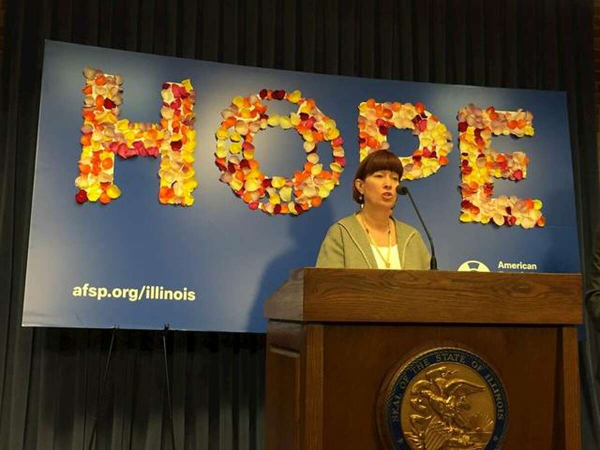 Chicago Democratic Sen. Heather Steans is sponsoring legislation that would address Illinois’ suicide prevention stategy, which has not been updated since 2002. At a news event in Springfield Wednesday, March 6, she stood in front of an American Foundation for Suicide Prevention sign with flower petals on it, which represented individual suicides in 2017.