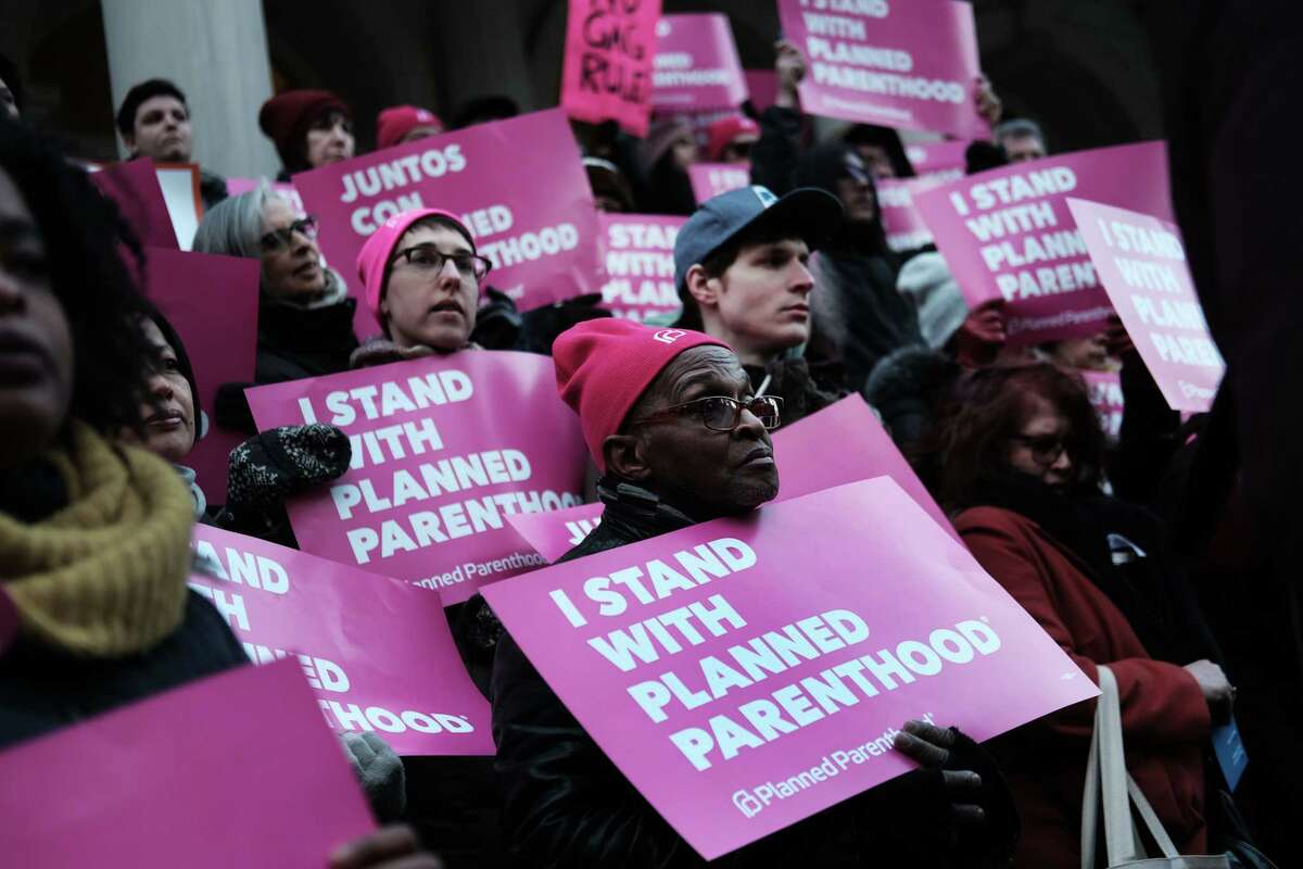 NEW YORK, NEW YORK - FEBRUARY 25: Pro-choice activists, politicians and others associated with Planned Parenthood gather for a news conference and demonstration at City Hall against the Trump administrations title X rule change on February 25, 2019 in New York City. The proposed final rule for the Title X Family Planning Program, called the Gag Rule, would force a medical provider receiving federal assistance to refuse to promote, refer for, perform or support abortion as a method of family planning. (Photo by Spencer Platt/Getty Images)