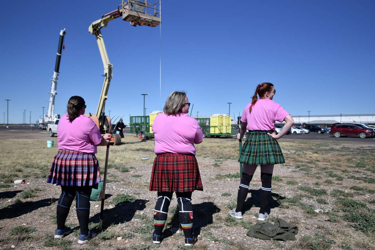 Sheaf toss contestants look on during the Rocky Smith Memorial Highland Games presented by Texas Celtic Athletic Association March 9, 2019, outside Horseshoe Pavilion. James Durbin / Reporter-Telegram