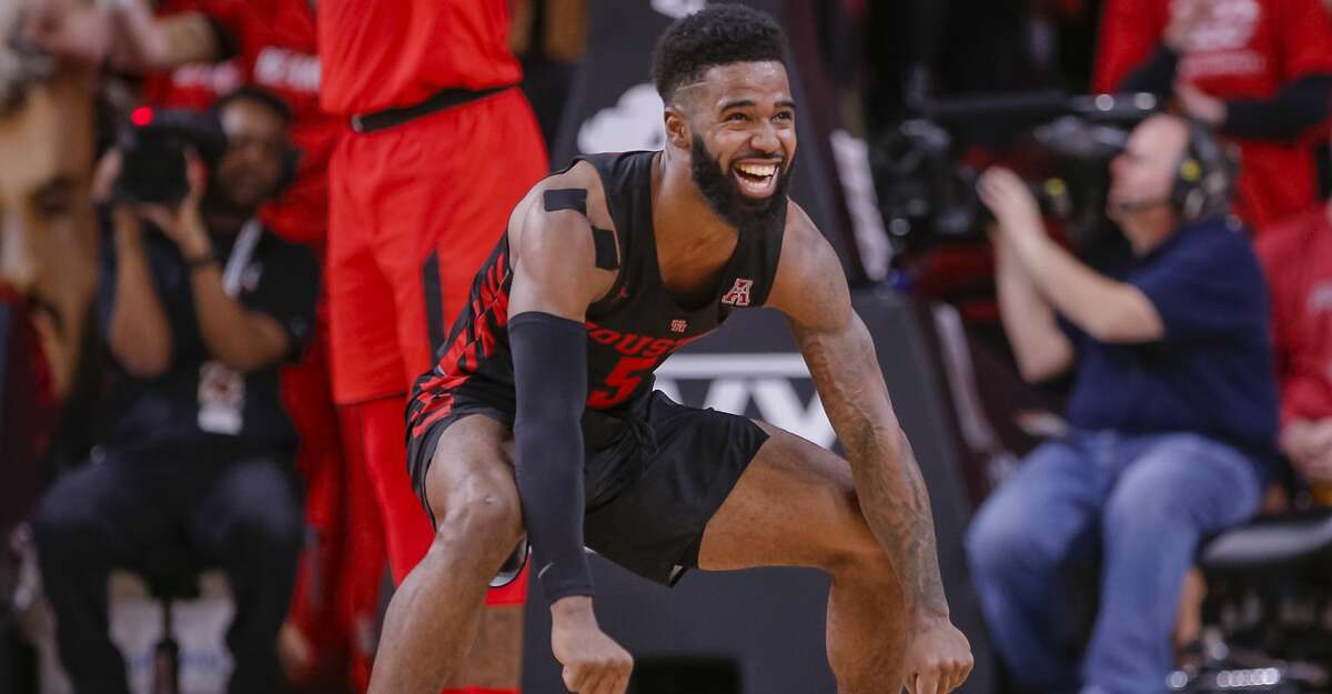 CINCINNATI, OH - MARCH 10: Corey Davis Jr. #5 of the Houston Cougars reacts during the game against the Cincinnati Bearcats at Fifth Third Arena on March 10, 2019 in Cincinnati, Ohio. (Photo by Michael Hickey/Getty Images)