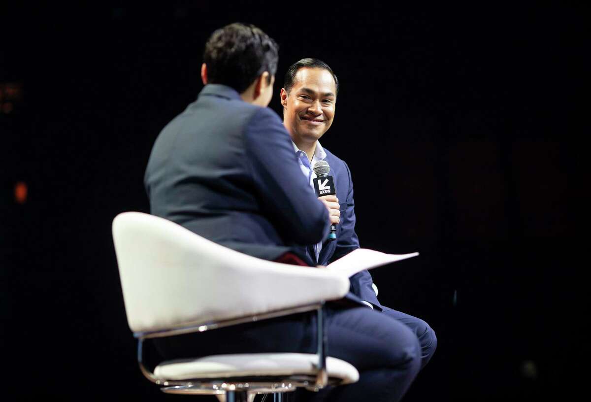 (on right) Former U.S. Secretary of Housing and Urban Development, Julian Castro, chats with moderator Lydia Polgreen, the editor of HuffPost during a Conversation About America's Future session during SXSW on March 10, 2019 in Austin, Texas.