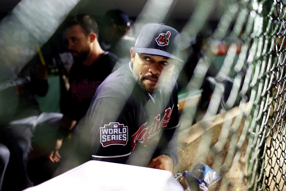 CHICAGO, IL - OCTOBER 30: Coco Crisp #4 of the Cleveland Indians looks on from the dugout prior to Game 5 of the 2016 World Series against the Chicago Cubs at Wrigley Field on Sunday, October 30, 2016 in Chicago, Illinois. (Photo by Alex Trautwig/MLB Photos via Getty Images)