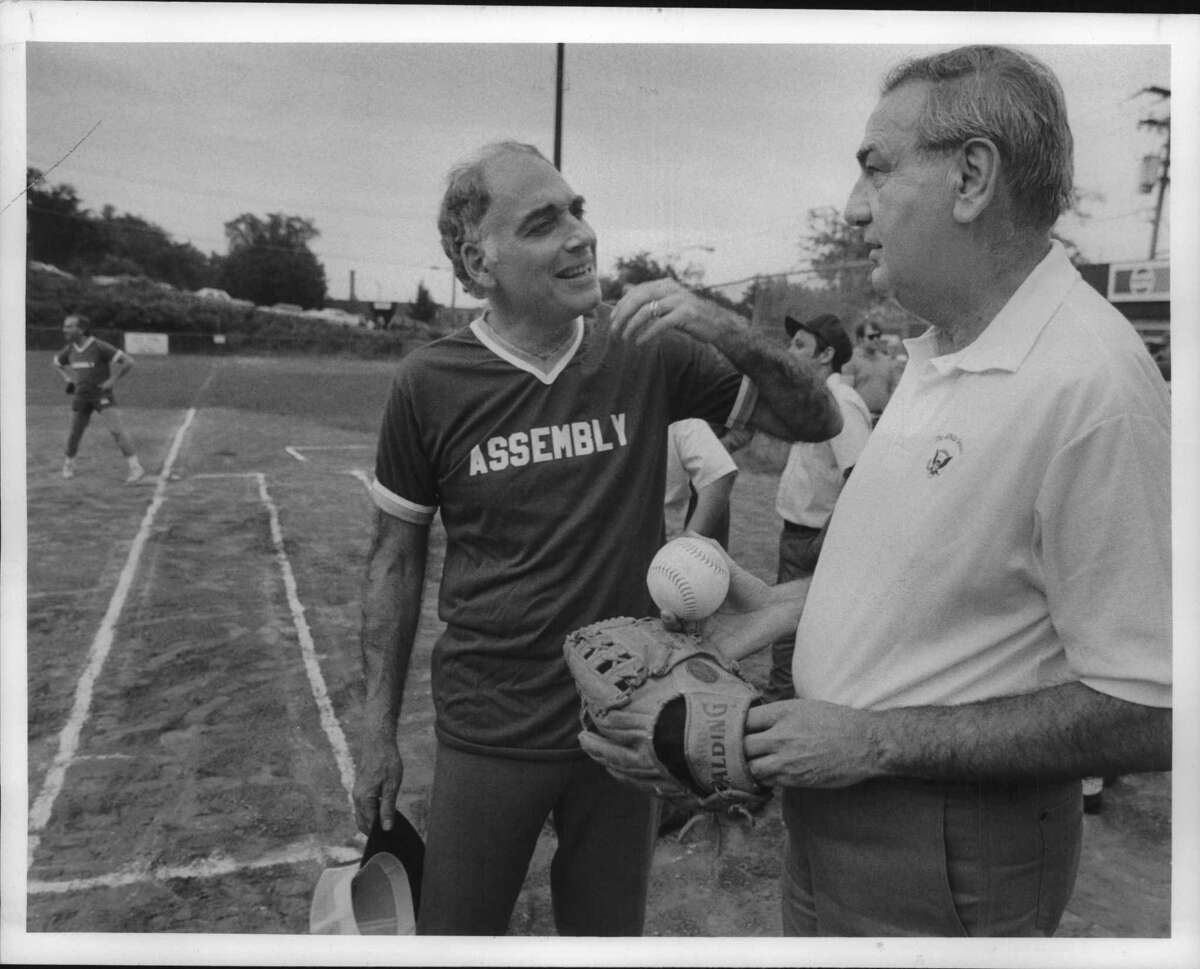 Mullon Field, Albany, New York - Assembly Speaker Mel Miller and Senate Majority Leader Ralph Marino just before start of annual softball game Tuesday evening. June 20, 1989 (John Carl D'Annibale/Times Union Archive)