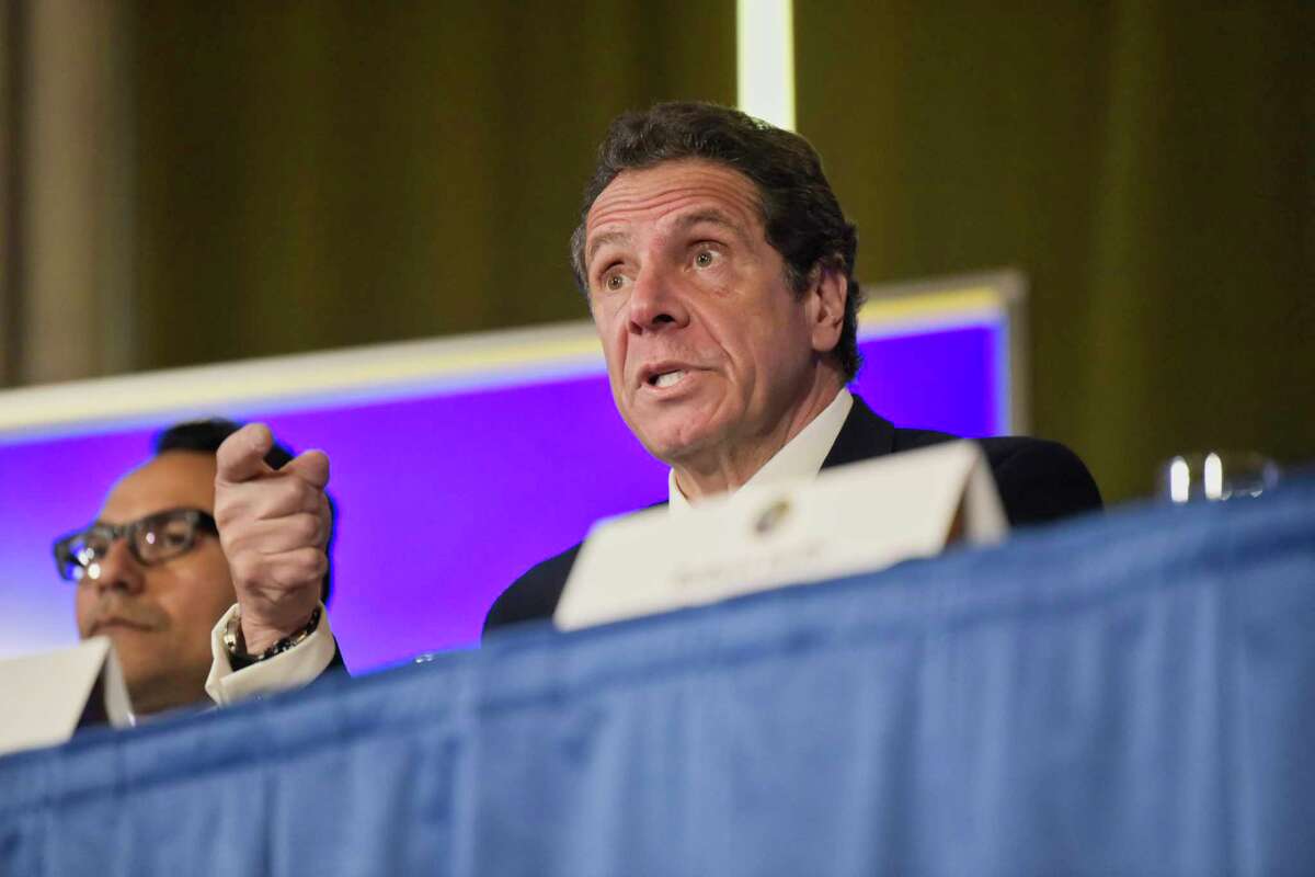 Governor Andrew Cuomo talks to members of the media during a press conference at the Capitol on Monday, March 11, 2019, in Albany, N.Y. (Paul Buckowski/Times Union)