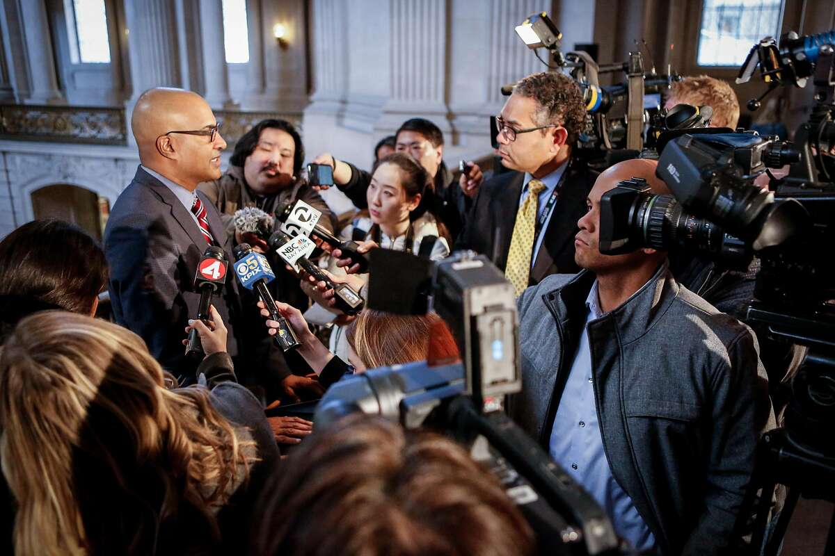 Manohar Raju, the city's new public defender appointed by London Breed, answers questions from reports at SF City Hall on Monday, March 11, 2019 in San Francisco, Calif.