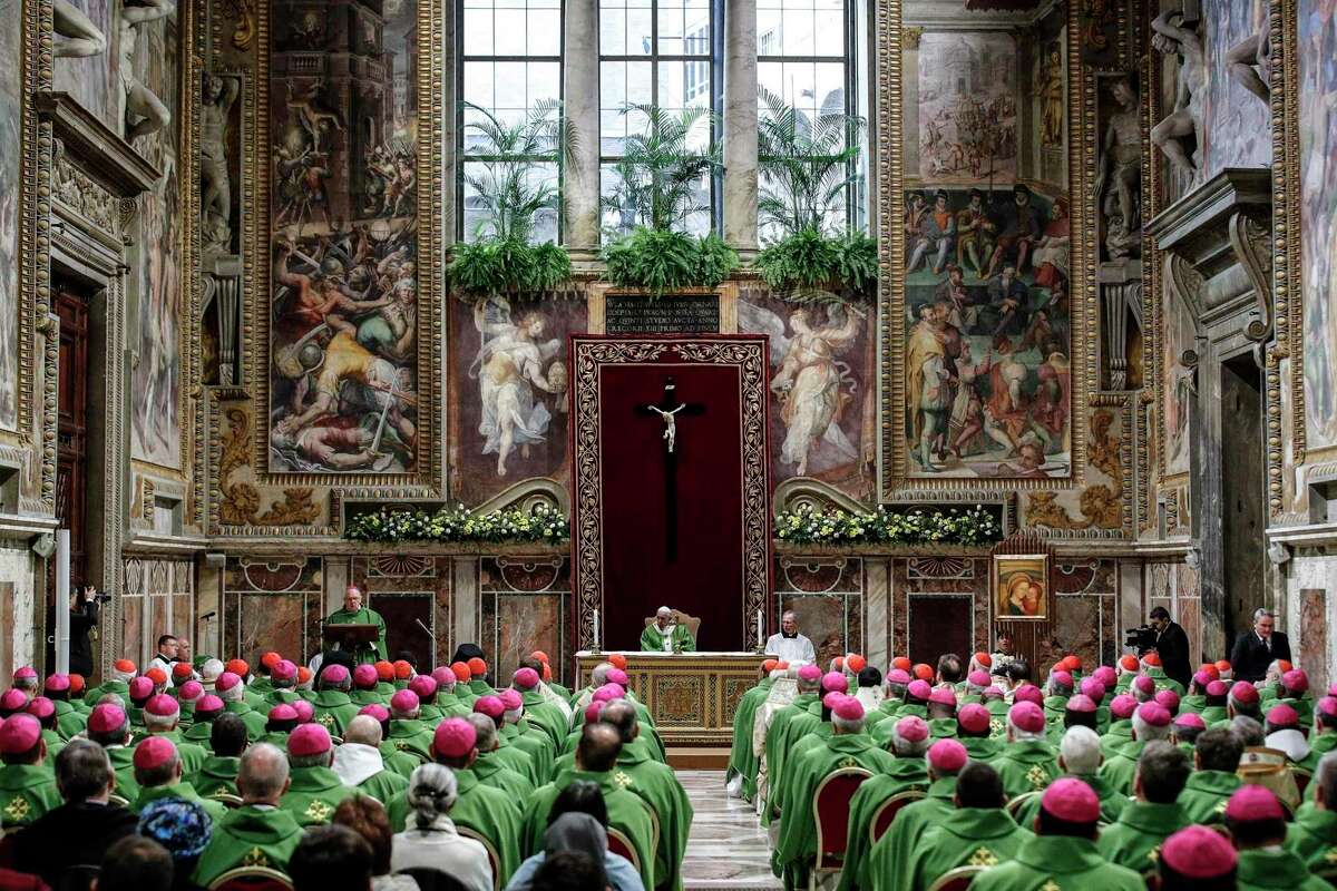 Pope Francis celebrates Mass at the Vatican, Sunday, Feb. 24, 2019. Pope Francis celebrated a final Mass to conclude his extraordinary summit of Catholic leaders summoned to Rome for a tutorial on preventing clergy sexual abuse and protecting children from predator priests. The Mass was celebrated Sunday in the Sala Regia, one of the grand, frescoed reception rooms of the Apostolic Palace. (Giuseppe Lami/Pool Photo via AP)