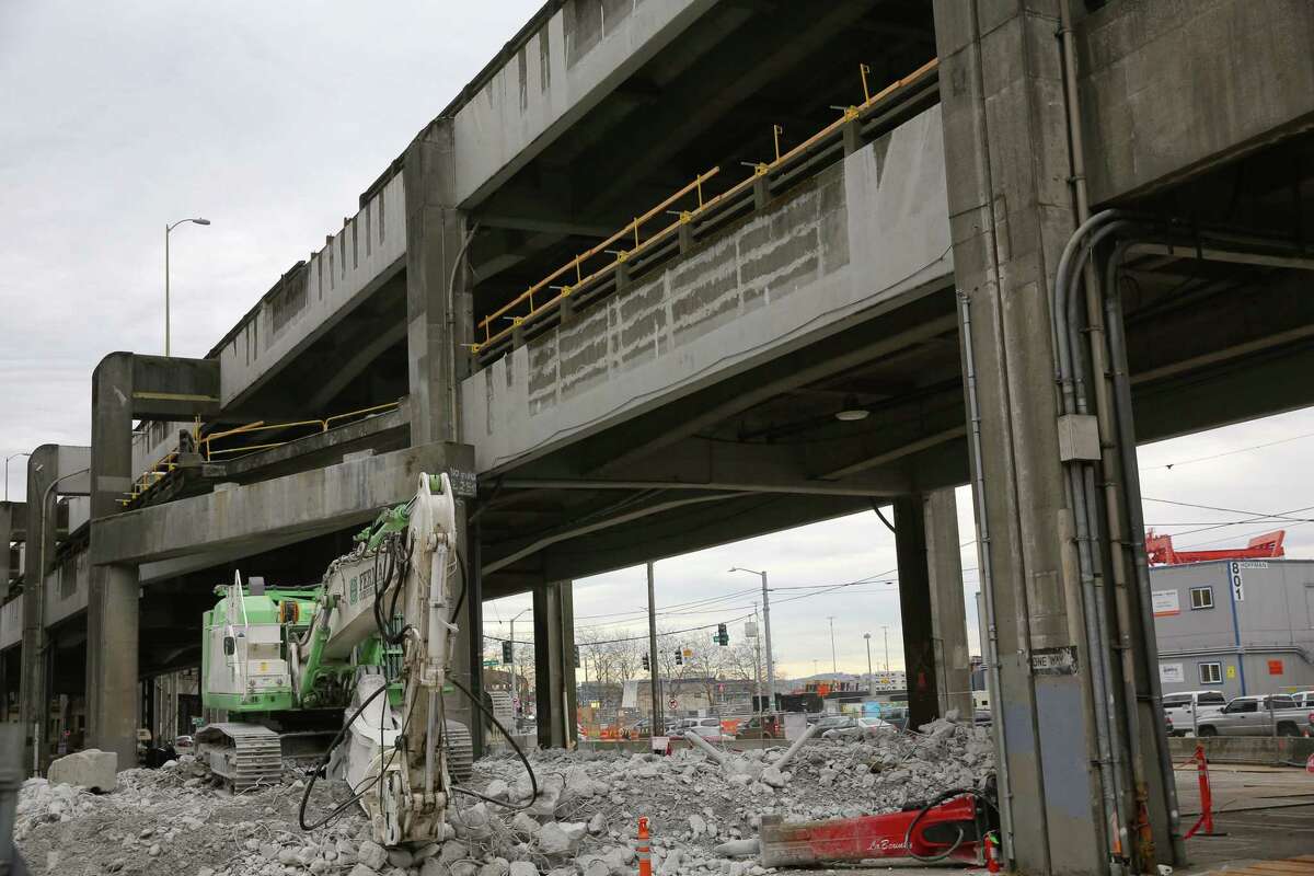 Demolition on the double decker sections of the Alaskan Way Viaduct will begin Wednesday near Columbia Street. More than 20 million pounds of steel and concrete have already been removed and officials say they are about 15% done with the demolition. Photographed March 11, 2019.