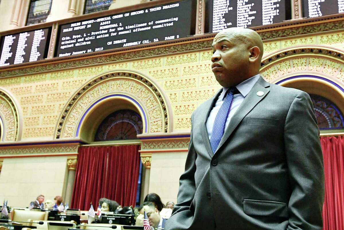 Assembly Speaker Carl Heastie, D-Bronx, in the Assembly Chamber at the state Capitol on Monday, Jan. 28, 2019, in Albany, N.Y. (AP Photo/Hans Pennink)