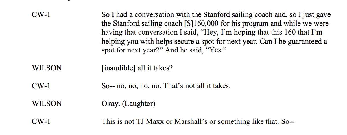 The Department of Justice included in their criminal complaint a transcript of a call they say took place between parent John B. Wilson, of Massachusetts and a cooperating witness in the college admissions bribery scandal, believed to be Willian Rick Singer, discussing payments to now-former Stanford sailing coach John Vandemoer.