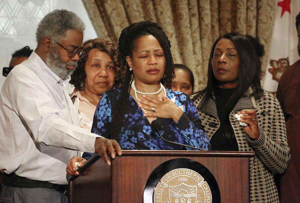 Oakland City Councilwoman Lynette McElhaney, the mother of Victor McElhaney, 21, a University of Southern California student killed Sunday, March 10, 2019, during an attempted robbery, talks about her son during a news conference on the USC campus in Los Angeles Tuesday, March 12, 2019. She described her son's life from a high-risk pregnancy through an early talent for drumming to his start of classes at USC. "Victor's not a homicide number or statistic, or just another black boy gunned down in South Central Los Angeles," she said. "I want you all to know that Victor came into the world a drummer. He was drumming from the moment he could sit up." Detectives were searching for three or four male suspects (AP Photo/Reed Saxon)