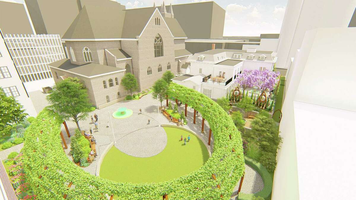 Renderings by Centerbrook Architects & Planners show the proposed piazza Monsignor Stephen DiGiovanni and land use attorney John Leydon hope to build behind Downtown Stamford's Basilica of Saint John the Evangelist.