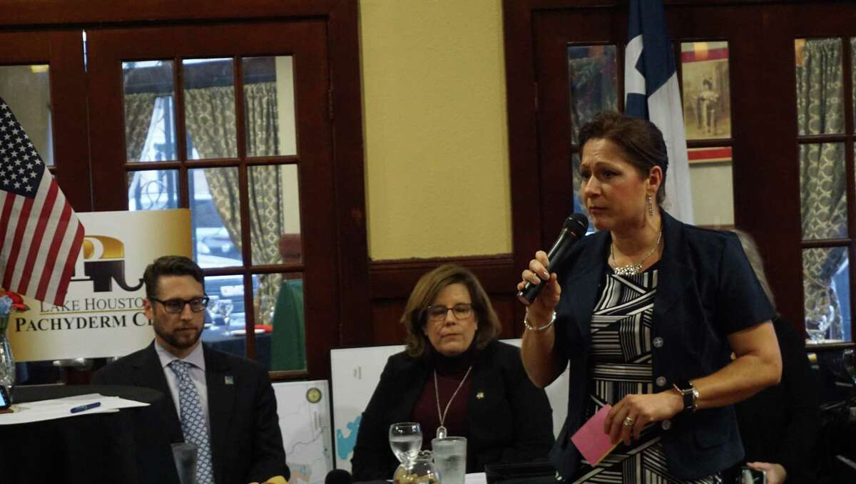 Nikki Roux speaks at the panel on flood-related policies hosted by the Lake Houston Pachyderm Club on March 11, 2019 in Atascocita, TX.