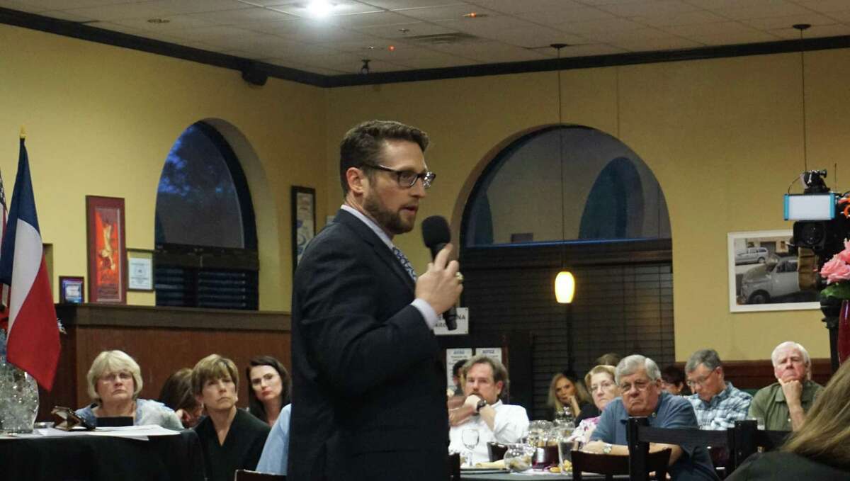 Matthew Zeve speaks at the panel on flood-related policies hosted by the Lake Houston Pachyderm Club on March 11 in Atascocita.