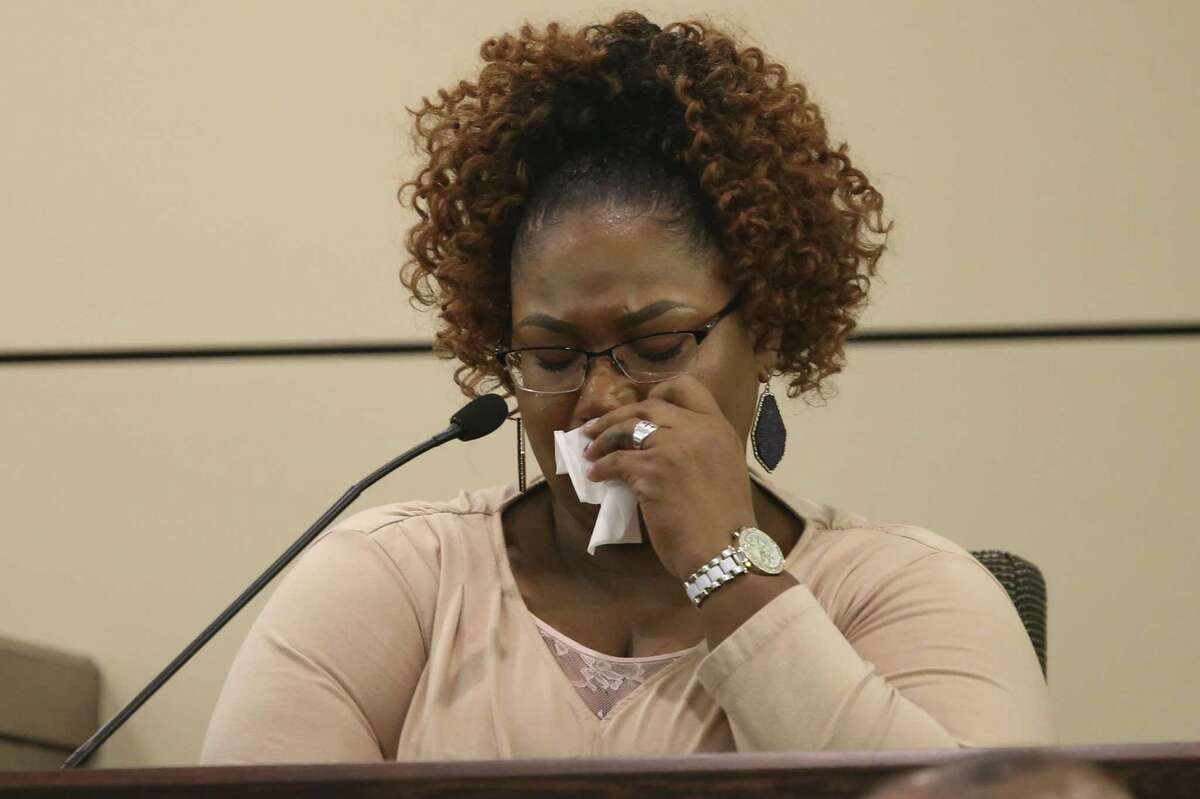 Erica Hinton gets emotional during her testimony in the murder trial of Vanessa Cameron in the Bexar County 226th District Court, Tuesday, March 12, 2019. It is the first day of testimony. Cameron was convicted in the murder of her boyfriend, Samuel Allen Johnson, Jr., 26, in 2012. She received a 70-year sentence was but was overturned on a technicality. She was convicted again Tuesday and sentencing began Wednesday morning.