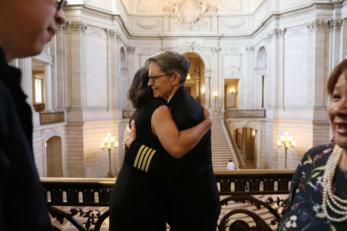 Deputy Chief Jeanine Nicholson (right) is congratulated by Carmen Chu,�Assessor, after a news conference where Mayor London Breed announced Nicholson as the new San Francisco Fire Chief on Wednesday, March 13, 2019 in San Francisco, Calif.