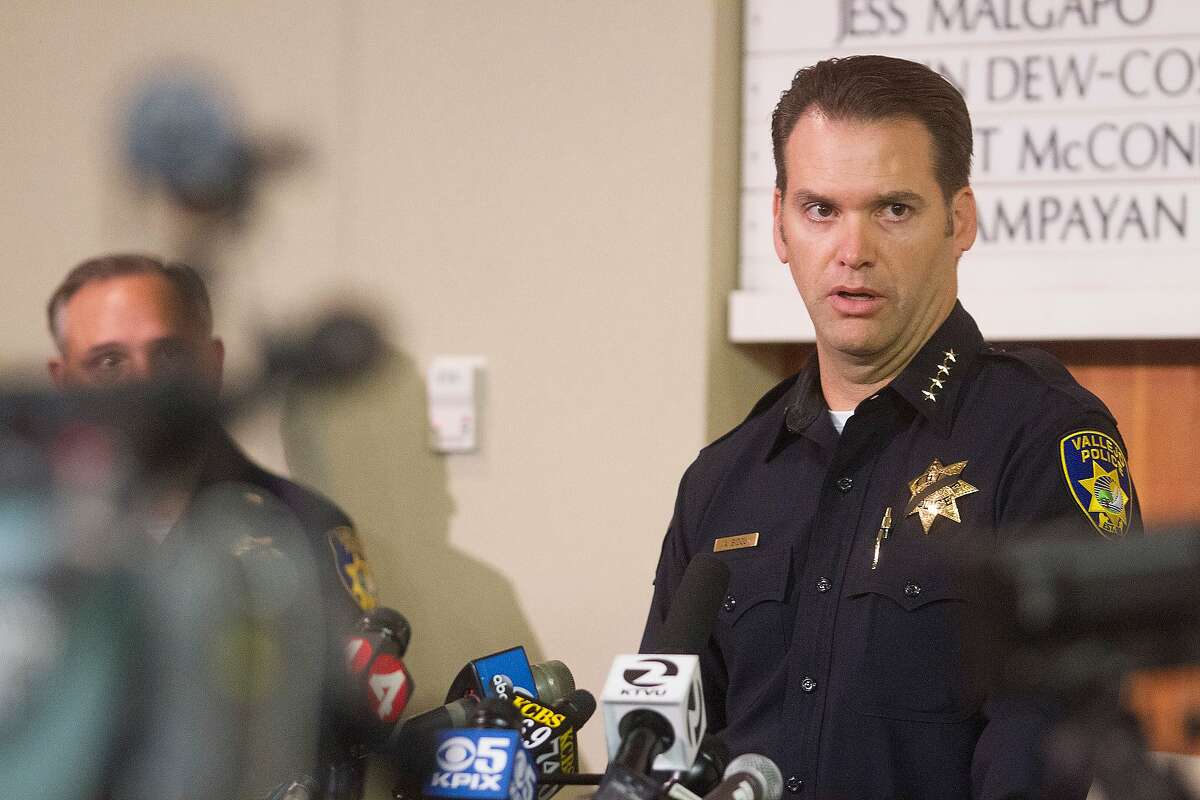 Vallejo police Chief Andrew Bidou discusses the Sunday, Oct. 16 shooting of Andrew Powell, 41, during a news conference at Vallejo City Hall on Monday, Oct. 17, 2016. Bidou announced his retirement Wednesday after a 31-year career in law enforcement.