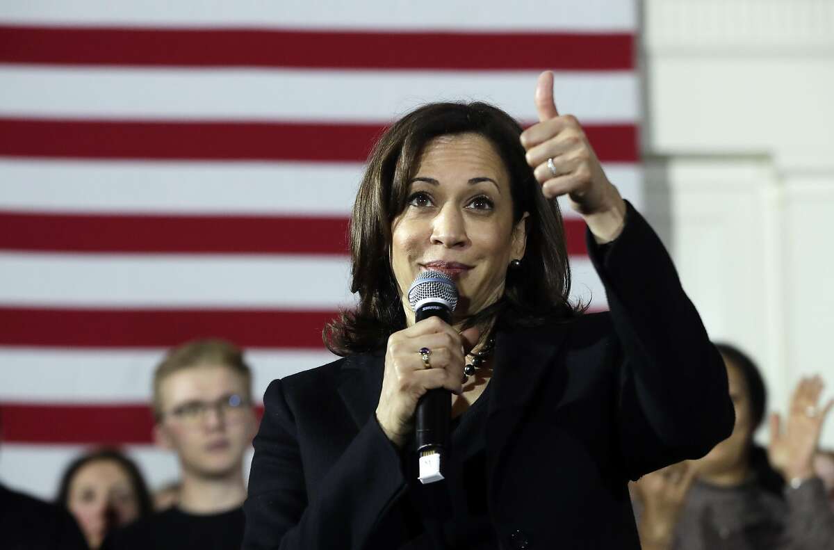 Democratic presidential candidate Sen. Kamala Harris, D-Calif., gestures as she speaks at a campaign event in Portsmouth, N.H. (AP Photo/Elise Amendola)