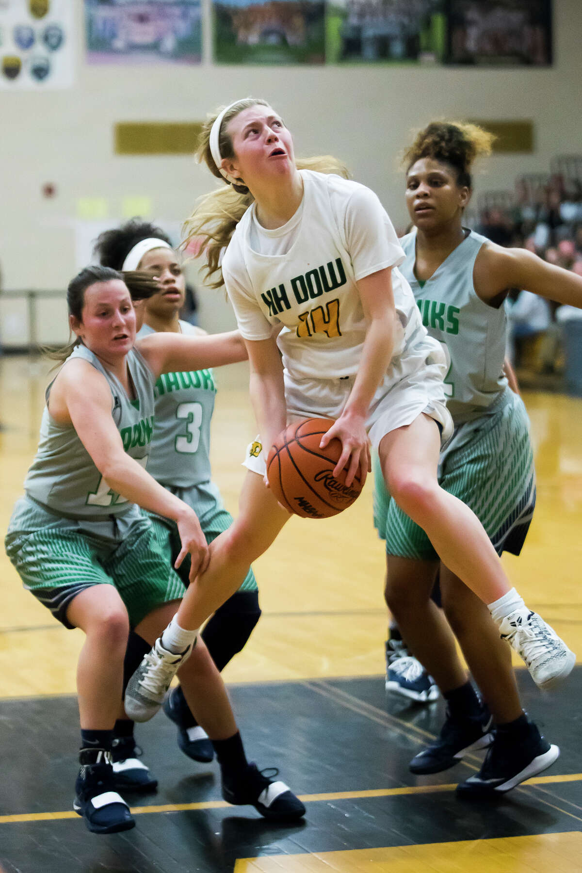 Dow's Molly Davis takes a shot during the Chargers' 49-34 Division 1 regional finals loss to Saginaw Heritage on Wednesday, March 13, 2019 at Bay City Western High School. (Katy Kildee/kkildee@mdn.net)