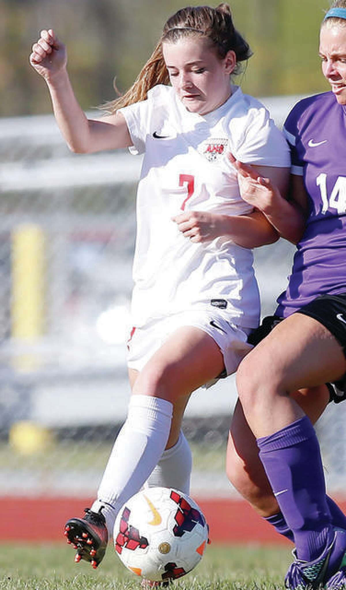 Alton’s Alaina Nasello (7) is a returning senior for the Redbirds, who are beginning their season this week in the Metro Cup tourney. She scored twice in a season-opening 4-0 win over Freeburg.