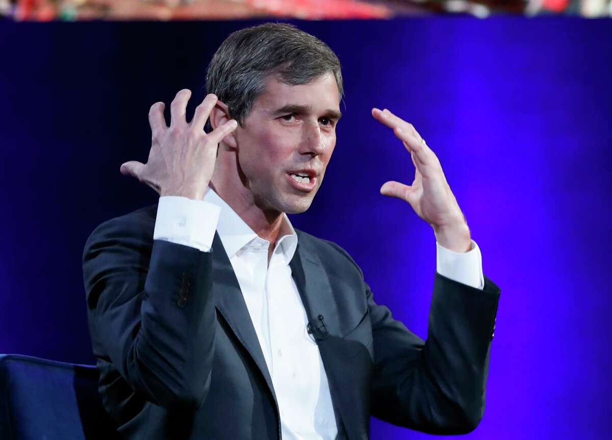 In this Feb. 5, 2019, photo, former Democratic Texas congressman Beto O'Rourke gestures as he describes how nervous he was meeting with former President Barack Obama during an interview with Oprah Winfrey live on a Times Square stage at "SuperSoul Conversations," in New York. O'Rourke formally announced Thursday that he'll seek the 2020 Democratic presidential nomination, ending months of intense speculation over whether he'd try to translate his newfound political celebrity into a White House bid.