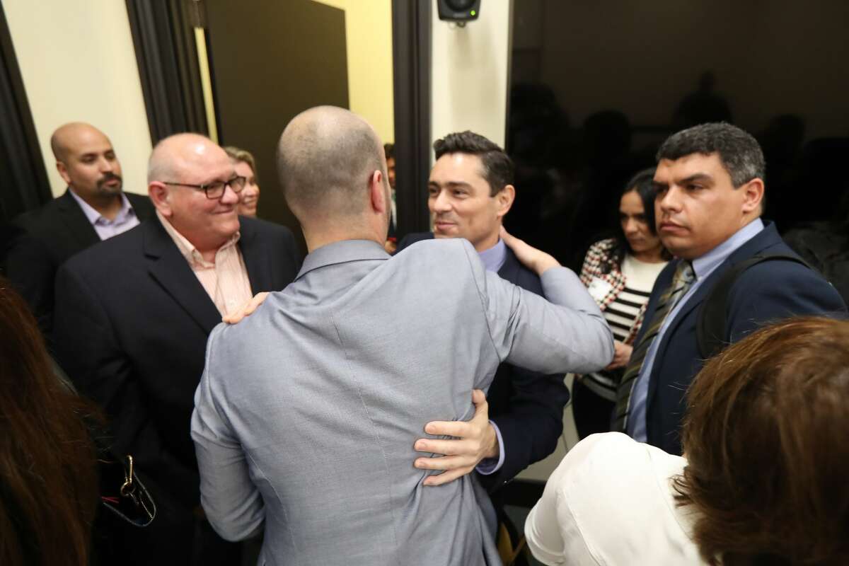 Venezuelan opposition ambassador Carlos Vecchio greets friends at the James A. Baker III Institute for Public Policy the campus of Rice University Wednesday, March 13, 2019, in Houston.