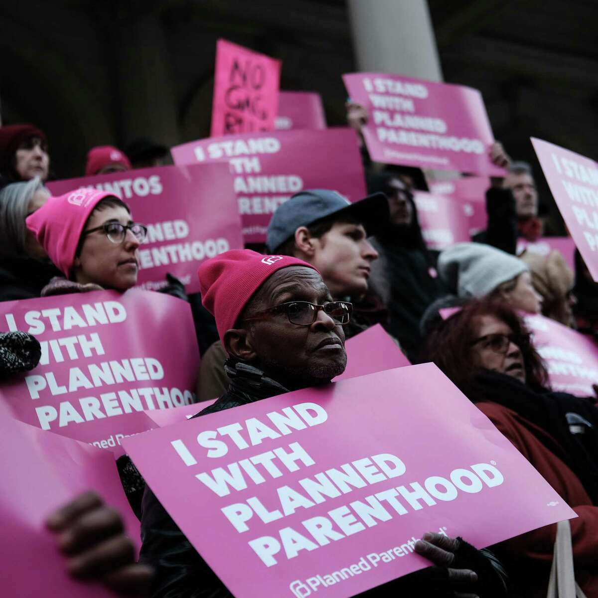 Pro-choice activists, politicians and others associated with Planned Parenthood gather for a news conference and demonstration at City Hall against the Trump administration’s Ttle X rule change on Feb, 25, 2019 in New York City. The proposed final rule for the Title X Family Planning Program, called the Gag Rule, would force a medical provider receiving federal assistance to refuse to promote, refer for, perform or support abortion as a method of family planning.