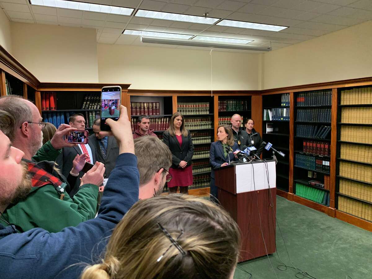 Berkshire County District Attorney Andrea Harrington briefs reporters on Thursday, March 14, 2019 about the murder-suicide that took place amid a fire at a home in Sheffield, Mass. on March 13. (Bethany Bump/ Times Union)