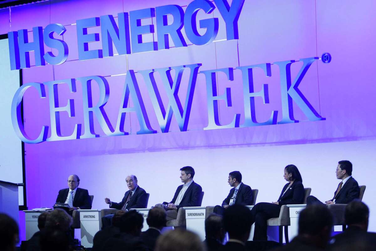 Massachusetts Institute of Technology professors and associate professors participate in a Frontiers of Science and Innovation: Future Technologies to Meet the Energy and Climate Challenge talk during the final day of IHS CERAWeek at the Hilton Americas in Houston Friday, Feb. 26, 2016. ( Michael Ciaglo / Houston Chronicle )