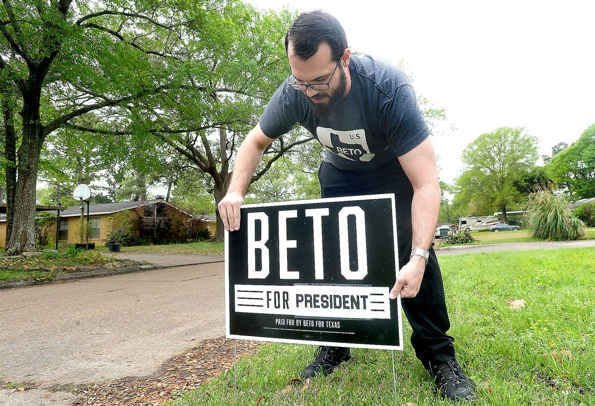 Will Rogers of Beaumont puts a Beto O'Rourke sign in his yard to officially show his support for the newly-announced 2020 presidential candidate. Photo taken Thursday, March 14, 2019 Kim Brent/The Enterprise